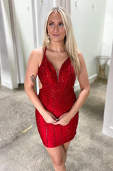 Misshow Sparkly Red Corset Tight Short Homecoming Dress/Mini Dress with Beadings